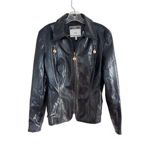 Moschino Vintage Black Leather Jacket Gold Heart Zipper Pulls Sz 10 rare